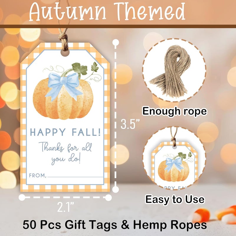 HandEasy 50 Pcs Fall Gift Tags, 2.1"×3.5" Thank You Gift Tags for Party Favors, Pumpkin Happy Fall Thanksgiving Gifts Tags for Party Favor - B10 - Image 2